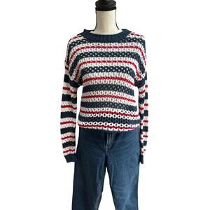 Nordstrom Women’s Striped Open Knit Sweater Red White Blue Cotton S/M